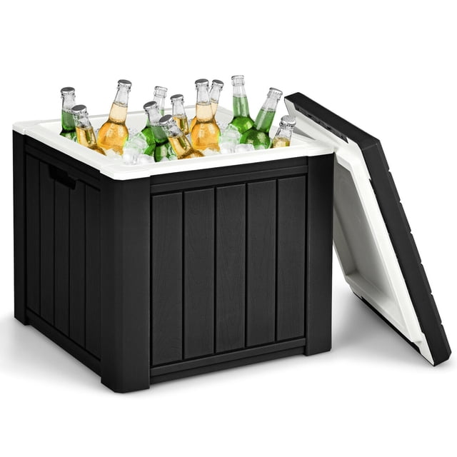 Gymax Patio 10 Gallon Ice Cube Cooler Box Table Stool Storage in black, made of durable PP material with a wood-grain design. The hard cooler features a removable lid and is filled with ice and beverage bottles. Its 3-in-1 design functions as a cooler, side table, and stool, with a weight capacity of 220 lbs. Built-in handles ensure portability, making it suitable for camping gear, BBQs, and outdoor gatherings.