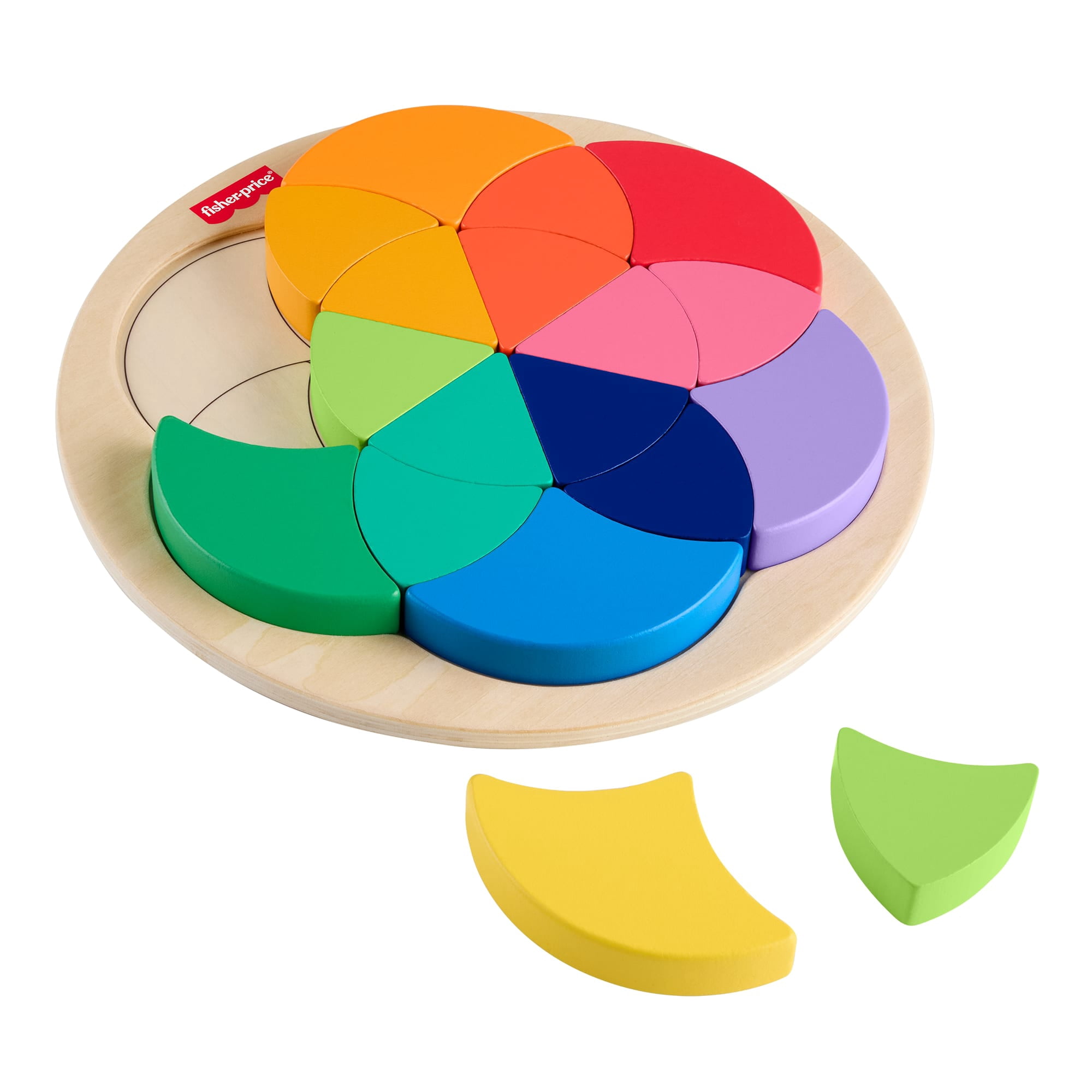 Casse-tête en bois de la roue des couleurs de Fisher-Price, jeu de tri des formes pour les enfants d’ge préscolaire, 19pièces en bois