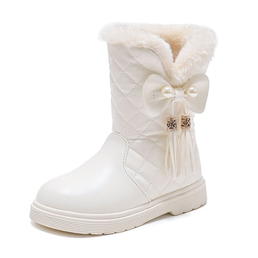 Girls' Autumn And Winter Snow Boots Thick Soles Non Slip Warm Comfortable Solid Color Bow Boots Girls Boots White 36/11 Y—11.5 Y