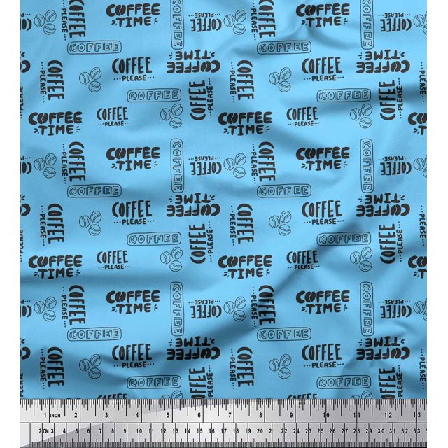 Soimoi Blue Heavy Satin Fabric Coffee Time Text Print Fabric by the Yard 54 Inch Wide