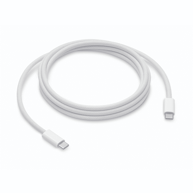 Apple 240W USB-C Charge Cable coiled with white woven exterior and USB-C connectors on both ends, ideal for fast charging and syncing USB-C devices, suitable for use with USB-C power adapters, shown on a white background.