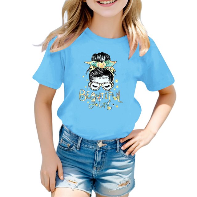 WEAIXIMIUNG T-Shirts à Col Montant pour Fille Enfant Filles Mignon Imprimé Graphique Col Rond Manches Courtes Tee Été Décontracté T-Shirt