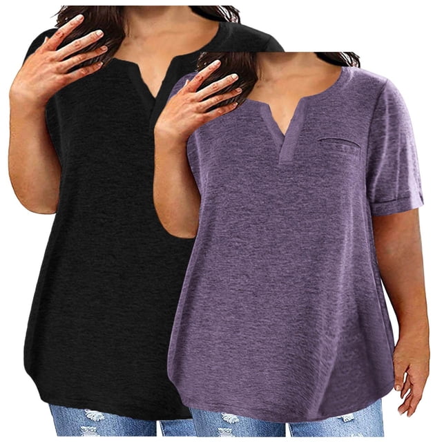 tarylea 2PC Womens Plus Size Short Sleeve Shirts Solid Color T Shirts Round Neck Plain Basic Tees