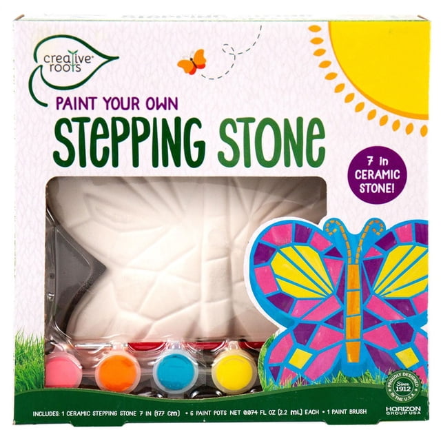 Creative Roots kit de Pierre de Marche Mosaïque Papillon avec une Pierre Céramique en Forme de Papillon de 7 Po Prête à Peindre, Incluant six Couleurs de Peinture Acrylique, un Pinceau et des instructions, Convient pour Créer un art Mosaïque Décoratif pour Jardin Ou Intérieur.