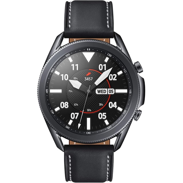 Samsung Galaxy Watch3 45mm (GPS) Certified Refurbished smartwatch featuring a classic black stainless steel case with a black leather strap. The watch face displays an analog-style dial with white hour markers, a red accent, and digital elements like date and battery percentage. Designed for fitness tracking, health monitoring, and LTE connectivity, this refurbished model offers premium functionality with minimal cosmetic wear.