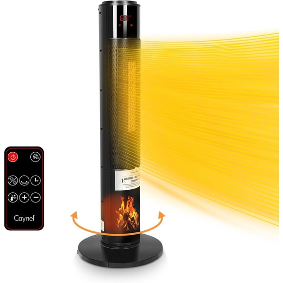 CAYNEL 1500W Ceramic Tower Space Heater with 3D Flame, Remote, 8H Timer, 60° Oscillation, 3 Modes and Safety Protection - Black