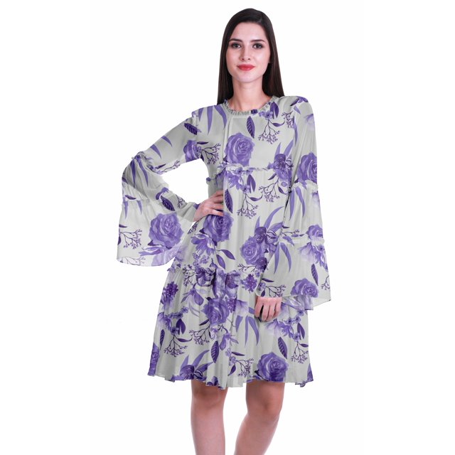 Moomaya Robe d'Été Fluide à Manches Longues Imprimée pour Femmes, Longueur Genou, Évasée