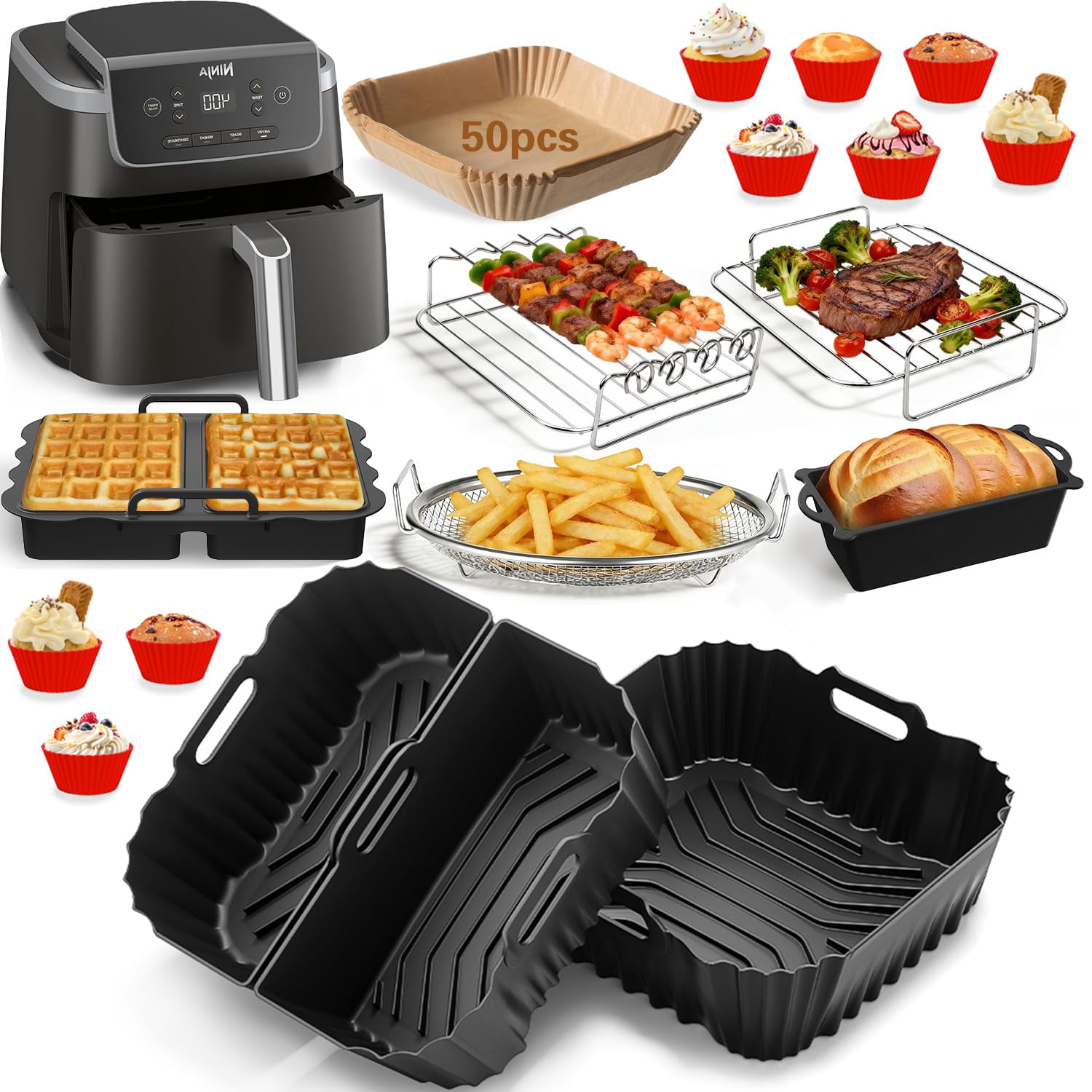 Air Fryer Accessories for Cosori TurboBlaze 6 Qt | 5.8 QT | 6.5 Qt, Ninja AF141, AF142, AF181, Chefman 6QT, 5-6.5 QT Square Basket Air Fryer Accessories Set, Silicone Li