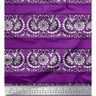 Soimoi Rayon Fabric Geometric,Leaves & Floral Block Printed Fabric 1 Yard 56 Inch Wide