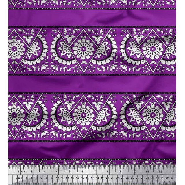 Soimoi Satin Silk Fabric Geometric,Leaves & Floral Block Print Sewing Fabric Yard 42 Inch Wide
