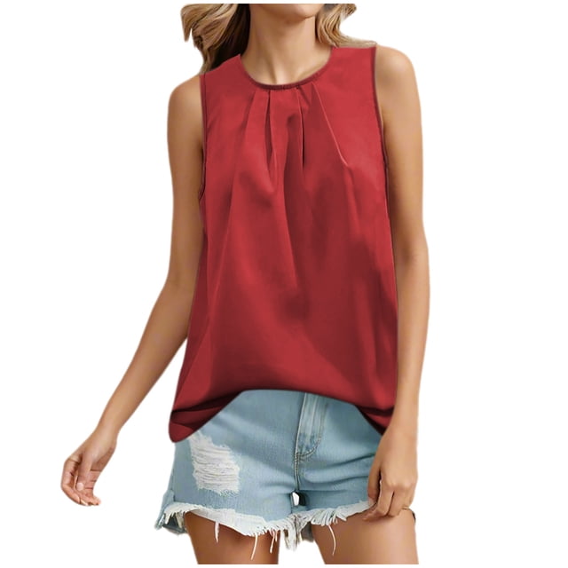 Timegard Camisoles pour Femmes Froncées à Col Rond Sans Manches avec Boutons au Dos T-Shirt d'Été Décontracté Léger
