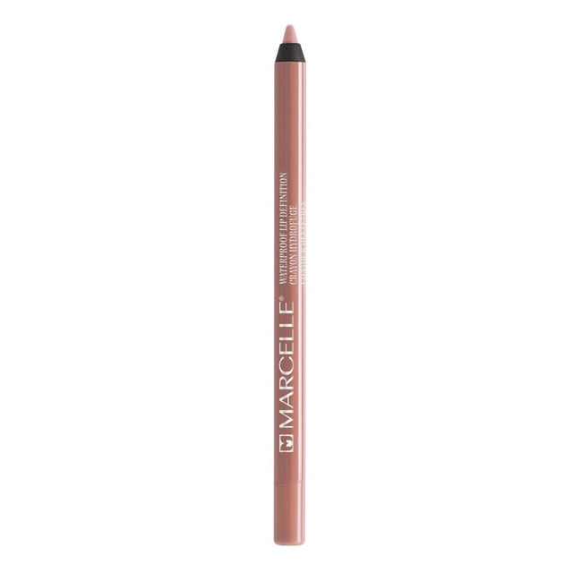 Marcelle Waterproof Lip Definition Crayon in nude shade with a matte finish, shown upright with a pointed tip and white brand lettering, designed for precise lip lining and long-lasting waterproof wear, suitable for use as a base to enhance lipstick longevity.