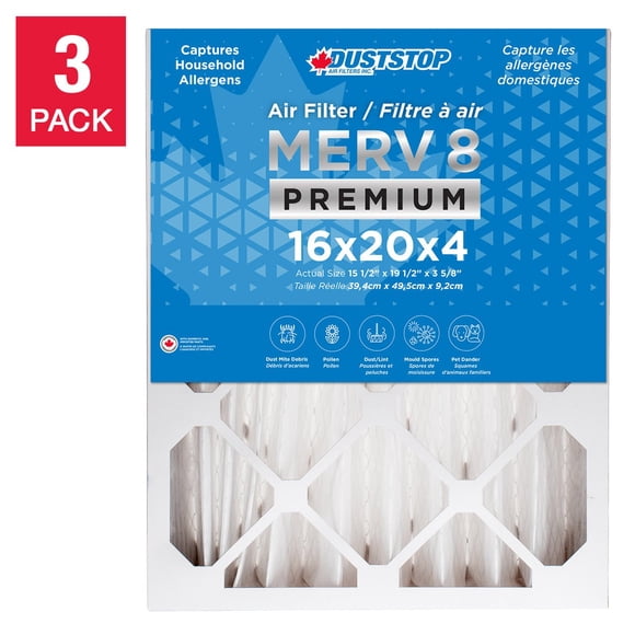 Duststop MERV 8 Premium Pleated Furnace Filter, 3-pack 16 x 20 x 4