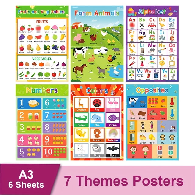 4/6/18pcs Themes/Set Educational Posters For Toddlers Kids Children Early Education