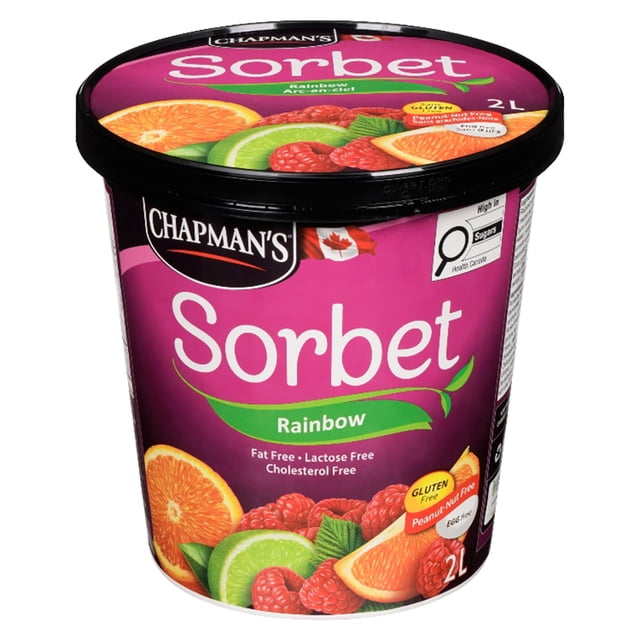 Chapman's Rainbow Sorbet in a 2L tub showing raspberry, orange, and lime fruit illustrations on a purple container, labeled fat free, lactose free, cholesterol free, gluten free, and peanut/nut free, suitable as a refreshing frozen dessert or light treat.