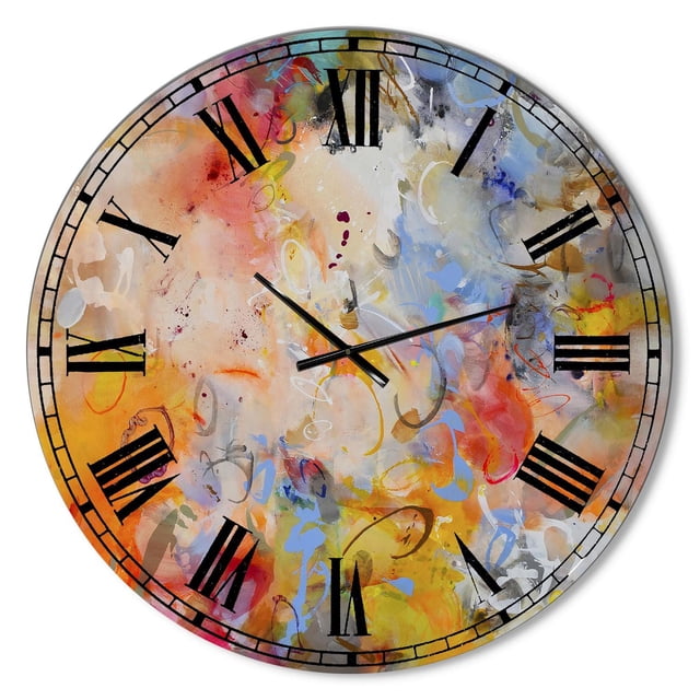 Designart 'Blue And Yellow Color Whirls' Large Modern Wall Clock with a round glossy solid aluminum face featuring vibrant abstract swirls of blue, yellow, orange, and red, black Roman numerals, and slim black hands, includes mounting hardware and AA battery, suitable for home or office decor.