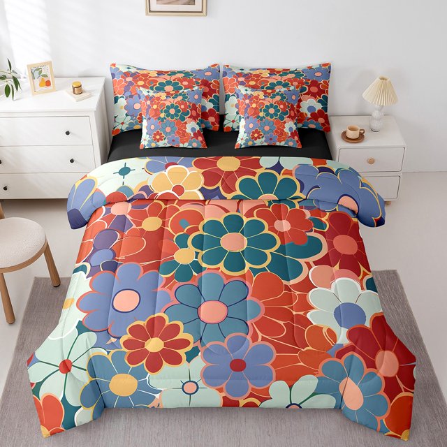 YST 7 Piece Groovy Flower Comforter Set, Full Size, Retro Aesthetics Floral Bedding