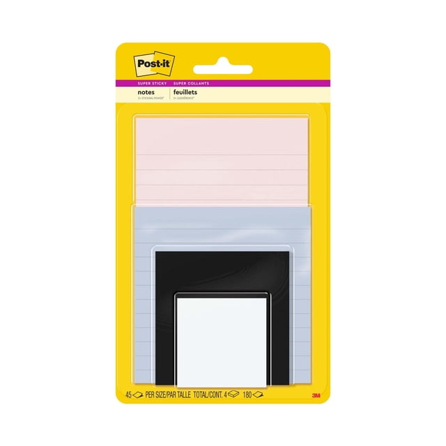 Post-it® Super Sticky Notes 4622-SSNE Simply Serene Collection with lined and unlined sticky notes in pastel pink, blue, black, and white, assorted sizes totaling 180 sheets in yellow retail packaging, suitable for organizing and quick reminders.