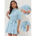 thumbnail image 2 of INSPIRE CHIC Robe Chemise à Manches Mi-Longues Plissée Unie avec Ceinture Bleu Clair P, 2 of 4