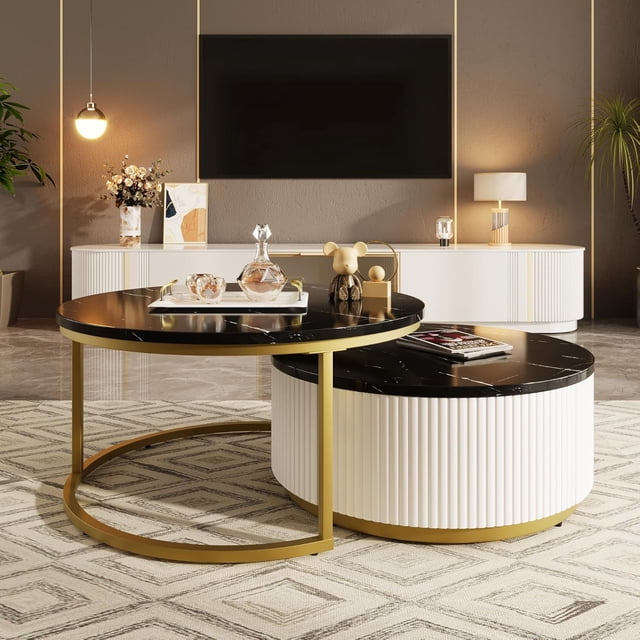 27.6" Modern Round Nesting Coffee Table Fluted with Drawer for Home Living Room, Black+Gold