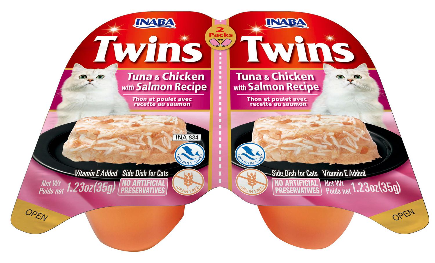 Inaba Twins pour chat, recette au thon et au poulet avec saumon, vitamine E ajoutée 70 g - Chacun : 2 tasses de 35 g
