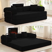 BALUS 78.7" Convertible Sleeping Sofa Bed, No Assembly Floor Sofa,Queen Size Folding Couch bed for Living Room/ Apartment, Corduroy, Black