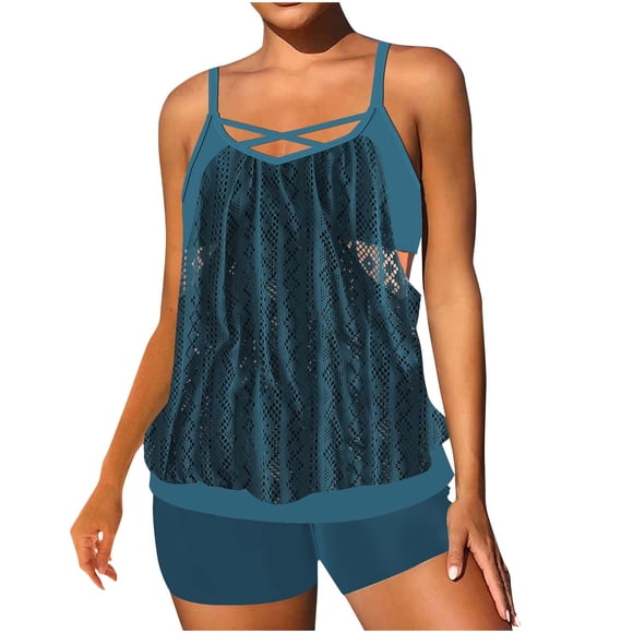 Lovzfmll Tankini Set for Women, Plus Size Lace Trim Top and Boy Shorts, Conservative Bathing Suit for Tummy Control Swim