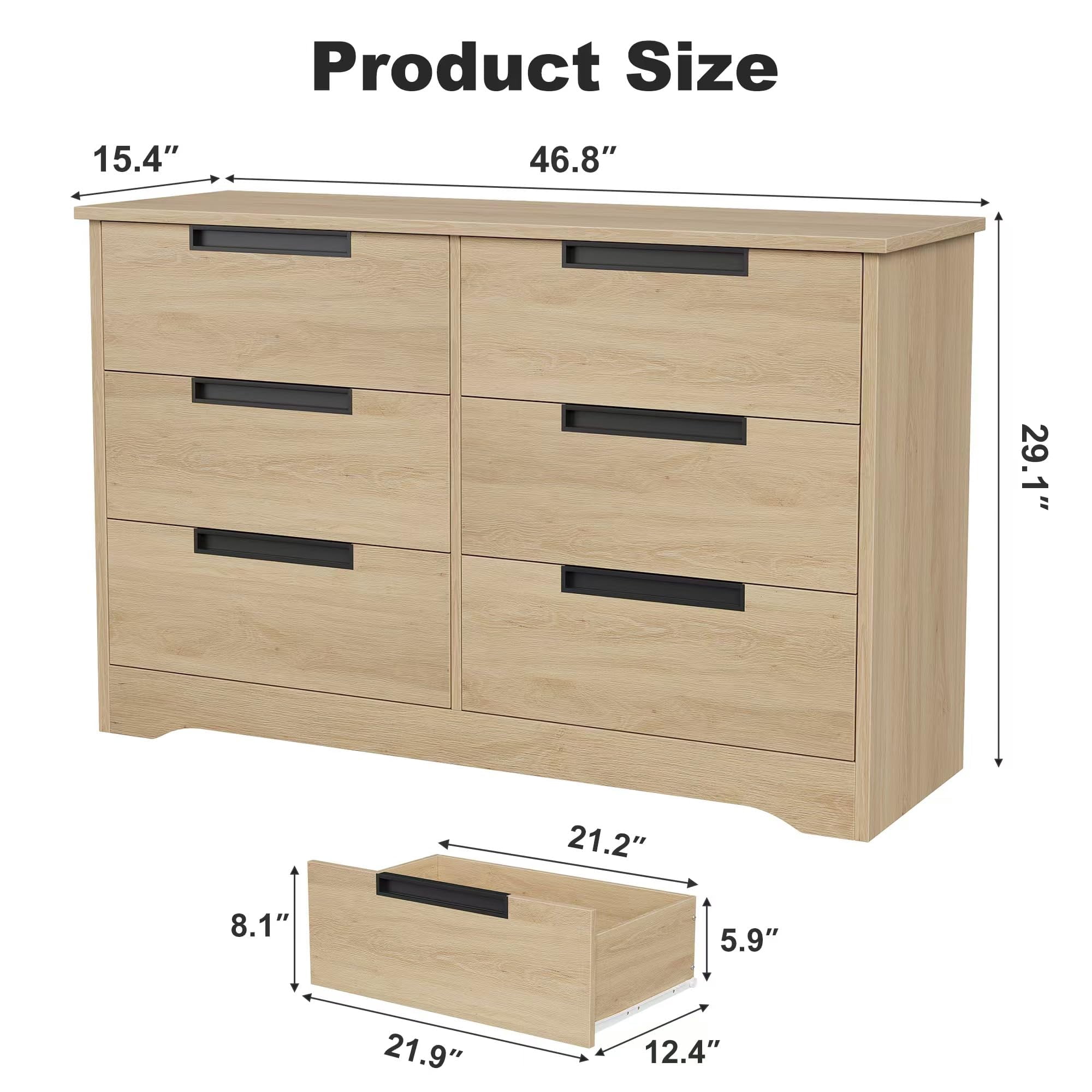 EDTara 6 Drawer Dresser for Bedroom, Natural Modern Double Dresser Organizer with Embedded Handles Design, Wooden Chest of Drawers for Living Room, Nursery, Hallway