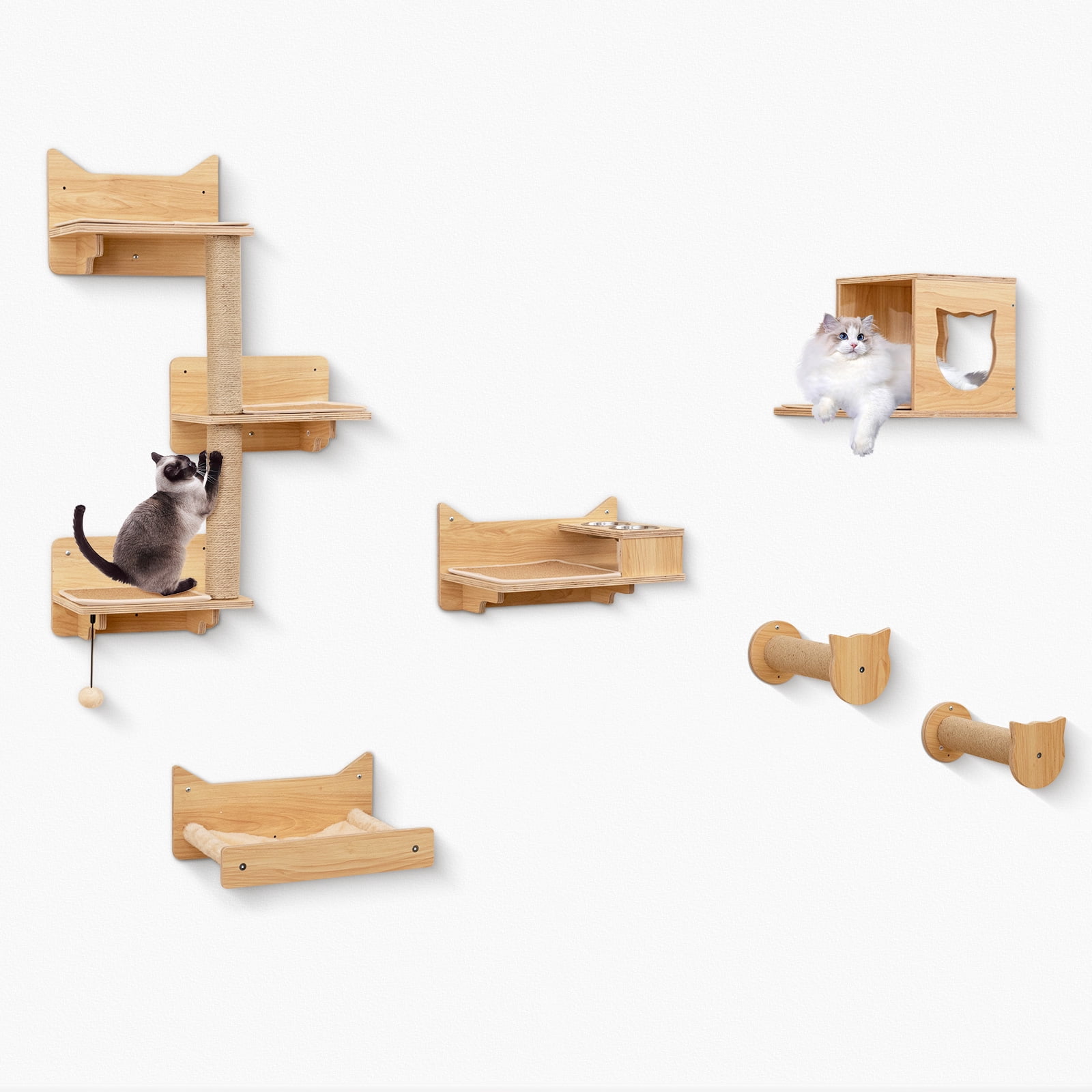 Gymax 6PCS Wall-Mounted Cat Activity Center w/3-Tier Cat Tower Hammock 2 Bowls Indoor