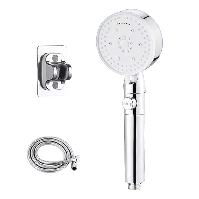 EGNMCR Magical Eight Showerhead Pressurized Shower Set with a chrome handheld showerhead, stainless steel hose, and wall-mounted holder. Ideal for bathroom renovation, it offers eight customizable settings like mist, massage, and rain for a spa-like shower experience.