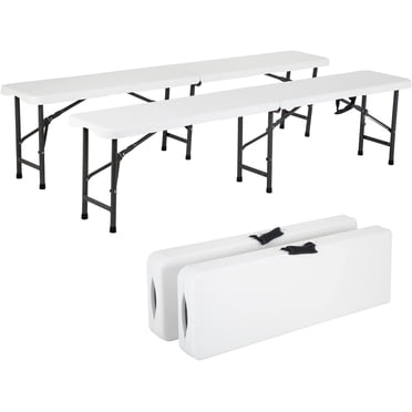 FDW Lot de 2 Bancs Pliants en Plastique de 6 Pieds, Poignée et Verrou – Portatifs pour l'Extérieur, Pique-Nique, Camping, Fête, Salle à Manger – Blanc