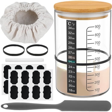 CIVG Ensemble de 10 Pots de Levain 900 ml Résistants à la Chaleur, Contenant de Levain avec Couvercle en Bois, Spatule, Réutilisable, Grand Ouverture, Pot de Fermentation en Verre pour la Cuisson du Levain