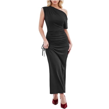 LOVZFMLL Robe Élégante pour Femme, Couleur Unie, Ample, Épaules Dénudées, Manches Courtes, à Cordon, Noir, m