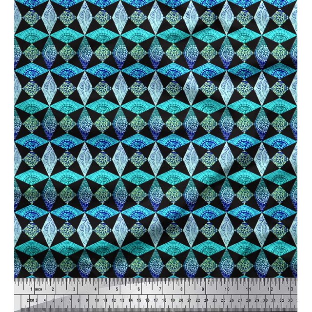 Soimoi Blue Cotton Poplin Fabric Diamond & Triangle Geometric Print Sewing Fabric Yard 42 Inch Wide