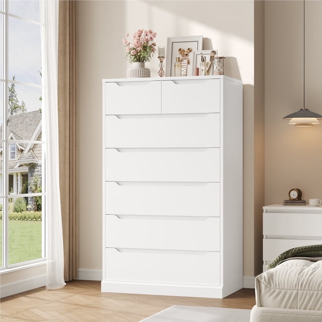 Homfa Commode Blanche à 7 Tiroirs, Armoire de Rangement en Bois de 51,3 Po de Hauteur avec Base Stable Améliorée, Commode Verticale pour Chambre et Salon