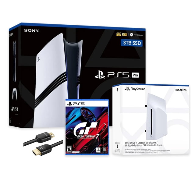PlayStation 5 Pro Console SSD 3 To avec Lecteur de Disque, Manette Sans Fil et Jeu Gran Turismo 7. l'Image Montre la Console PS5 Pro en Blanc avec accents Noirs, Son Emballage, le Boîtier de Jeu Gran Turismo 7, et des Accessoires Inclus Tels Qu'un Câble HDMI et un Cordon d'Alimentation. la Console Prend en Charge le Lancer de Rayons Avancé, une Résolution 4K Améliorée par l'IA et des Taux d'Image Élevés pour un Jeu Fluide. Compatible avec les Jeux PS4 et Inclut une Manette DualSense.