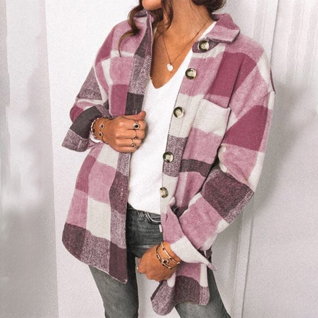 Aqestyerly Veste à Carreaux pour Femme à Manches Longues, Col Rabattu, Coupe Ample, Décontractée, Manteau Chemise Léger HWRETIE