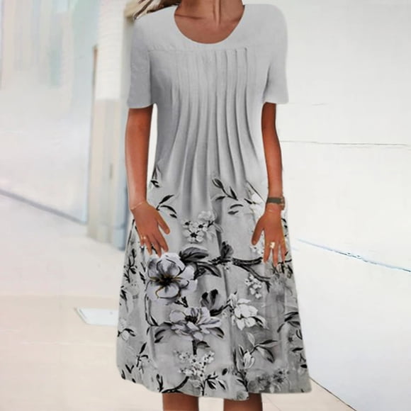 yievot Women's Summer Dress Casual Round Neck Short Sleeve Folding Floral Printed Pocket Dresses