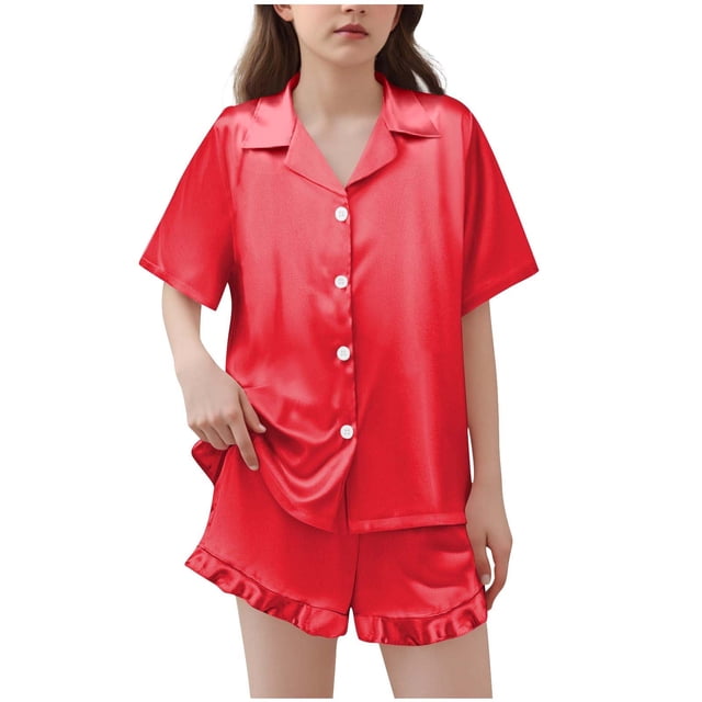 BLVB Girls Pajamas Satin Pajama Set Silk Pjs Short Sleeve Button down Shirts Summer Ruffle Sleepwear for Big Kids 5-15Y