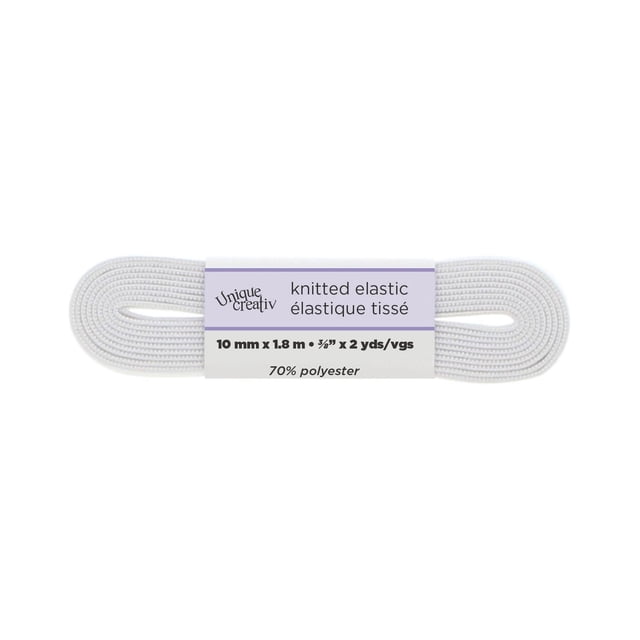 Unique Creativ Knitted White Elastic, 10 mm wide and 2 yards long, made with vertical ribs to prevent rolling and twisting, composed of 70% polyester and 30% rubber, shown coiled with a white label featuring product details, suitable for sewing and crafting projects.