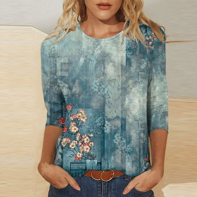 Chemisiers pour Femmes T-shirt Ample Imprimé de Mode pour Femmes Blouse à Manches 3/4 Col Rond Hauts Décontractés Hauts pour Femmes Été Décontracté en Liquidation