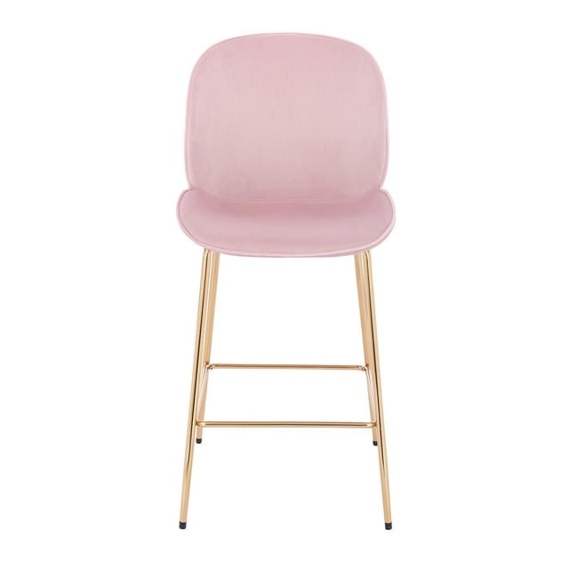 Plata Import Tabouret Lotus Rose avec Revêtement en Velours Doux, Dossier Incurvé Sans Accoudoirs et Cadre en Métal Doré avec Repose-Pieds Intégré, Convient aux Sièges de Cuisine Ou de bar, Orienté vers l'Avant sur Fond Blanc.
