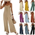 thumbnail image 1 of Maqroz Wide Leg Jumpsuits for Women Dressy Plus Size Adjustable Spaghetti Strap Pleated V Neck Button Down Rompers Jumpsuits Spring Summer Casual Loose Bib Overalls Palazzo Pants with Pockets Khaki S, 1 of 5