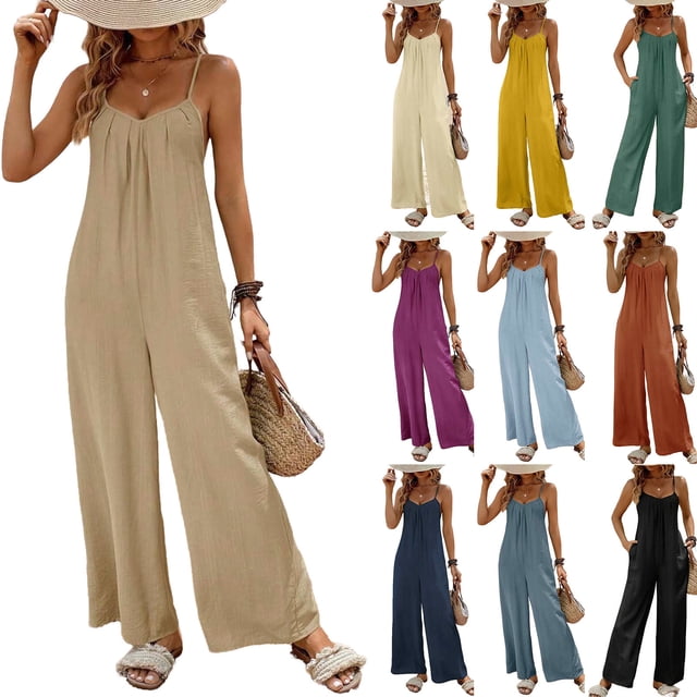 Maqroz Wide Leg Jumpsuits for Women Dressy Plus Size Adjustable Spaghetti Strap Pleated V Neck Button Down Rompers Jumpsuits Spring Summer Casual Loose Bib Overalls Palazzo Pants with Pockets Khaki S