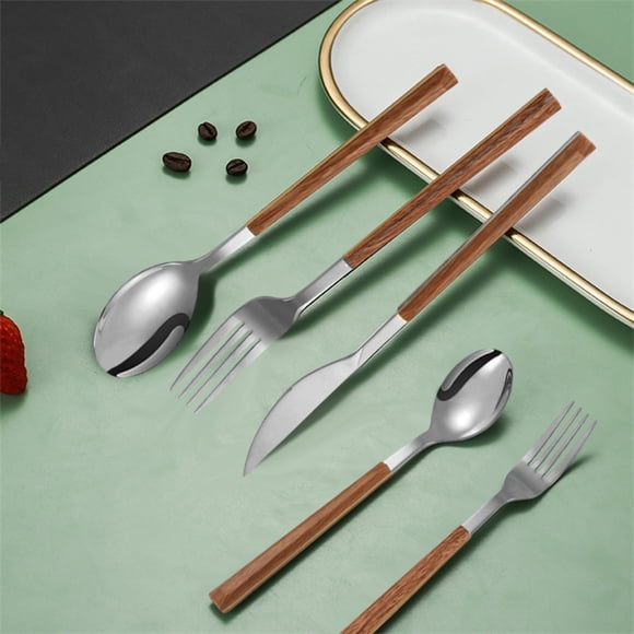 Meitianfacai Stainless Steel Cutlery Knife Fork And Spoon Wood Grain Clip Handle Imitation Wood Handle Cutlery Steak Knife And Fork, Silver