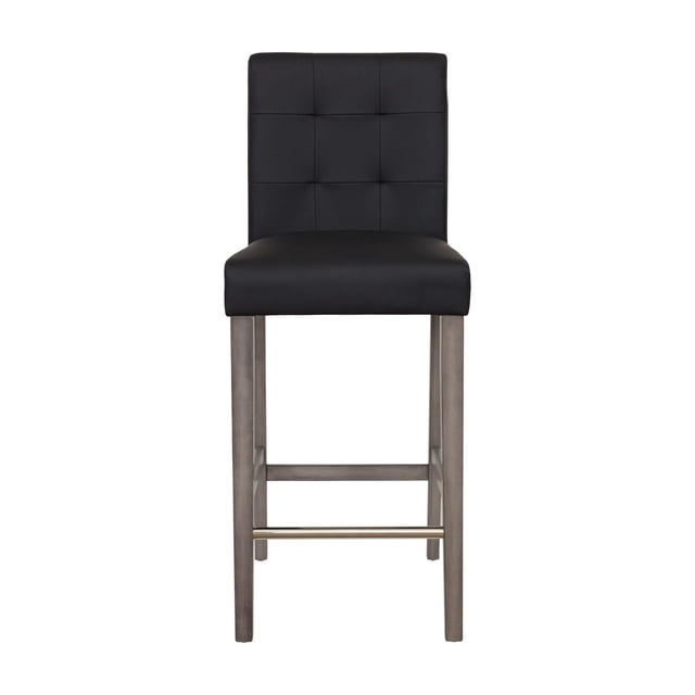 CorLiving Leila Faux Leather Upholstered Wood Leg Indoor Barstool with black faux leather cushioned seat and tufted backrest, solid gray wood legs, and metal footrest, suitable for bar height seating in kitchens or home bars.
