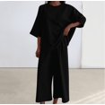 thumbnail image 2 of Mikilon Ensemble Élégant pour Femmes 2 Pcs Manches Courtes Couleur Unie Col Rond (Haut + Pantalon) Mode Manches Courtes Ensemble Chemise Col Rond Noir TG, 2 of 7
