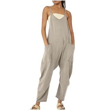 Pisexur Pantalon Femme Grande Taille en Coton et Lin Été Sans Manches à Col en V à Jambe Grand Salopette à Bavette Décontractée de Travail avec Poches Uni Coupe Ample Combinaison