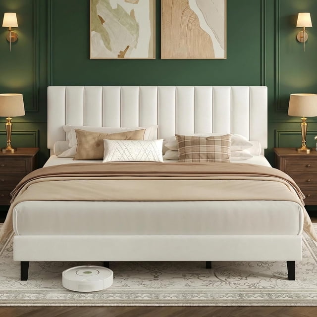 King Size Bed Frame, Velvet Upholstered Platform Bed with Adjustable Vertical Channel Tufted Headboard, No Box Spring Needed, Easy Assembly, White