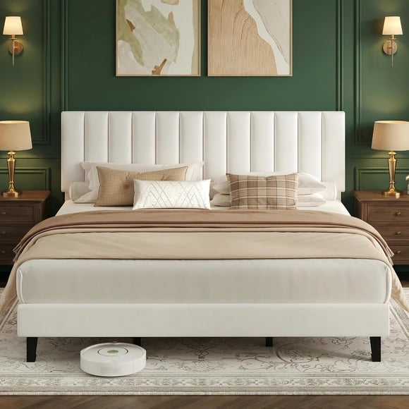 King Size Bed Frame, Velvet Upholstered Platform Bed with Adjustable Vertical Channel Tufted Headboard, No Box Spring Needed, Easy Assembly, White